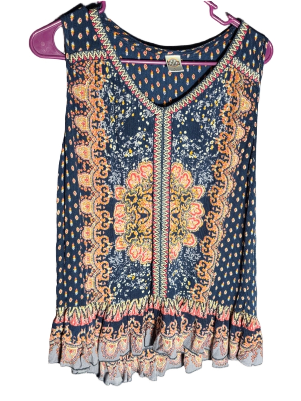 Women's Bila Navy Orange Paisley Tank Top L embroidered boho y2k vintage retro